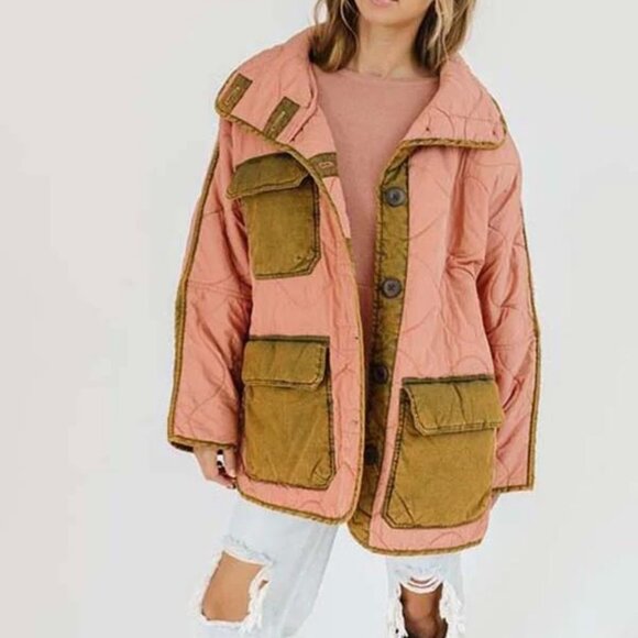 Free People Mixed Military Dolman Quilted Jacket In Rose Combo L - Picture 1 of 7